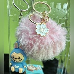 🆕 Labubu and Pink Fluffy Keychain with Flower Charm